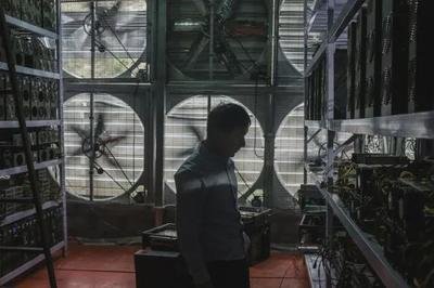 A large Bitcoin mining farm with multiple rigs working together.